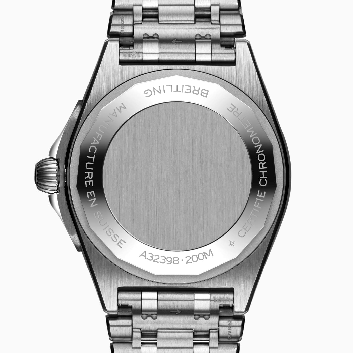 Rueckseite der Breitling Chronomat Automatic GMT 40 mit verschlossenem Gehaeuseboden aus Edelstahl