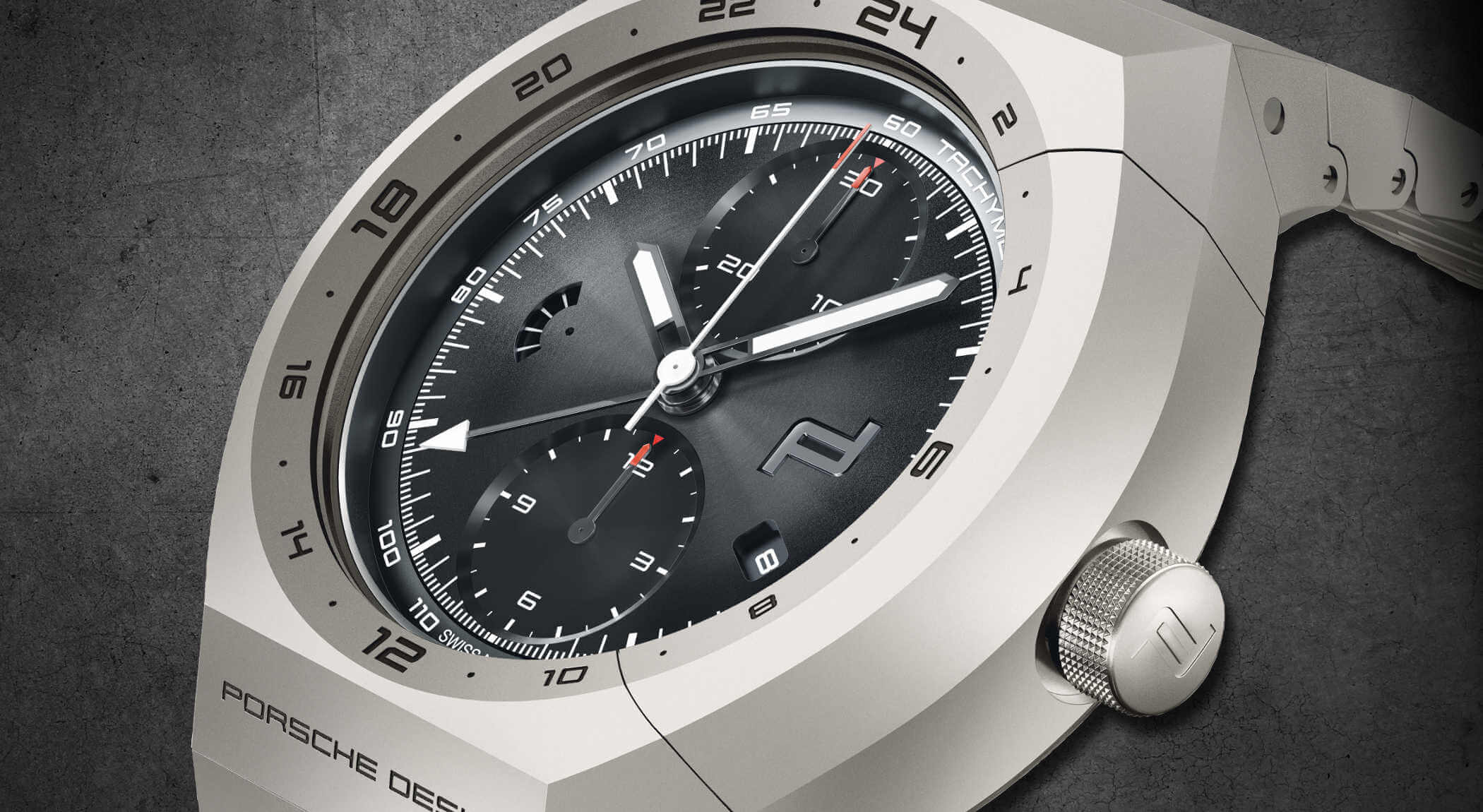 Porsche Design Monobloc Actuator GMT-Chronotimer Detailansicht Gehäuse und Zifferblatt