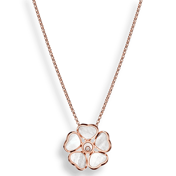 Chopard Happy Hearts Flowers Collier in Rosegold mit weissem Perlmutt und einem beweglichem Diamanten Modell 79A085-5301