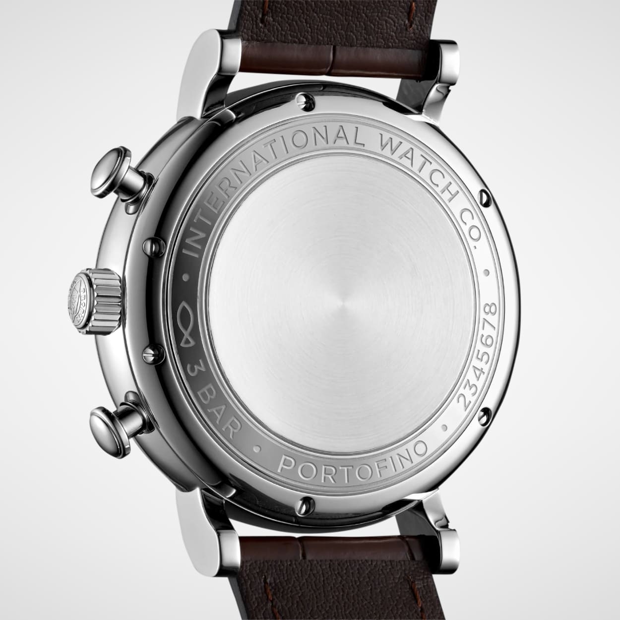 Rueckseite der IWC Portofino Chronograph mit verschlossenem Gehaeuseboden aus Edelstahl