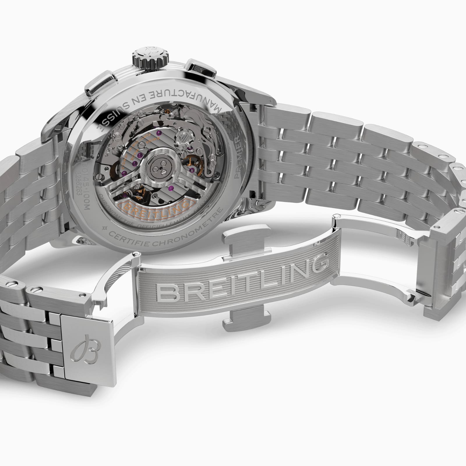 Breitling Premier B01 Chrono mit geoeffneter Faltschliesse und BLick auf den Gehaeuseboden mit Saphirglassichtfenster