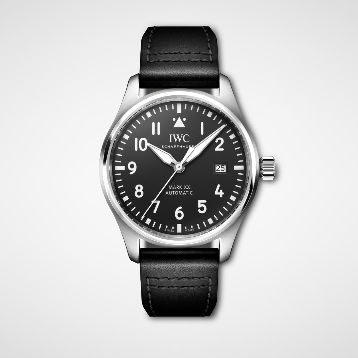 IWC Schaffhausen Pilots Watch Mark XX Modell IW328201 in Edelstahl mit schwarzem Zifferblatt und Lederband Ansicht vorne