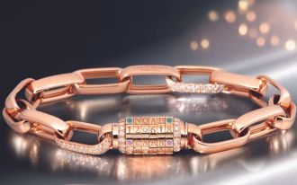 Capolavoro Love Lock Armband in Rosegold mit Diamanten und einem Verschluss im Zahlenschlosslook auf grauem Hintergrund liegend