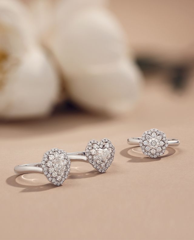 Crivelli Verlobungsringe aus Weißgold mit Herz- und Ovaldesign Crivelli Verlobungsringe aus Weißgold mit Herz- und Ovaldesign auf sandbraunem Untergrund mit weissen Blumen im Hintergrund