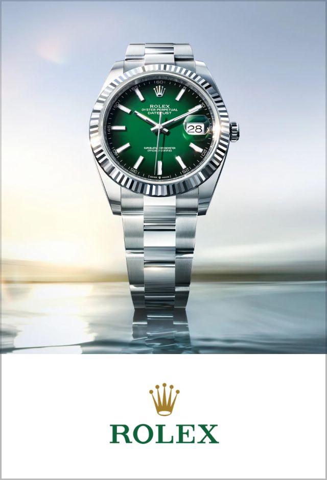 Rolex Logo unter Rolex Datejust 41 mit grünem Zifferblatt und Edelstahlarmband im hochwertigen Markenmotiv