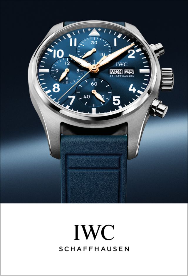IWC Pilot’s Watch Chronograph Le Petit Prince mit blauem Zifferblatt oben, darunter das IWC Schaffhausen Logo