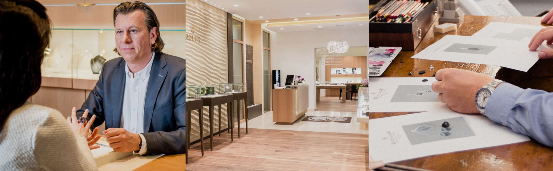 Links Markus Muehlbacher bei der Kundenberatung, mittig Blick in den Eingangsbereich von Juwelier Muehlbacher, rechts Designentwuerfe aus dem Muehlbacher Meisteratelier