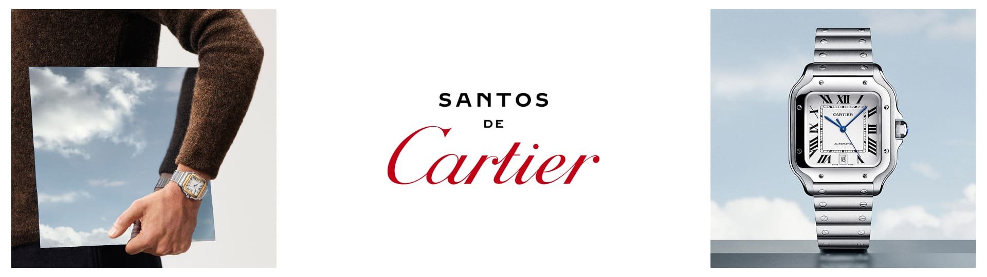 Santos de Cartier in Stahl mit weissem Zifferblatt vor Himmelshintergrund und Santos de Cartier in Stahl und Gelbgold getragen an einem Herrenhandgelenk