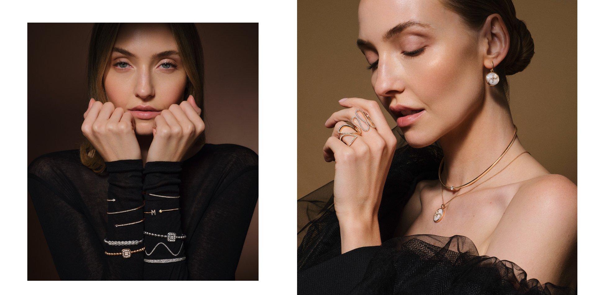 Zwei Frauen tragen Schmuck aus dem Atelier Mühlbacher: links Armreifen aus Gold und Diamant, rechts Goldringe, Halsketten und Perlmutt-Ohrringe in elegantem Licht.