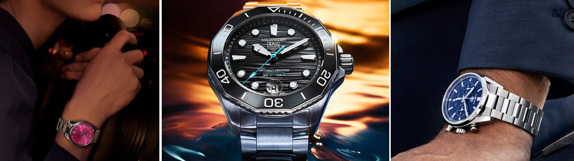 Links Carrera Uhr mit pinkem Zifferblatt an Damenhandgelenk, mittig Aquaracer Uhr in Stahl mit schwarzem Zifferblatt, rechts Carrera Chronograph mit blauem Zifferblatt an Herrenhandgelenk