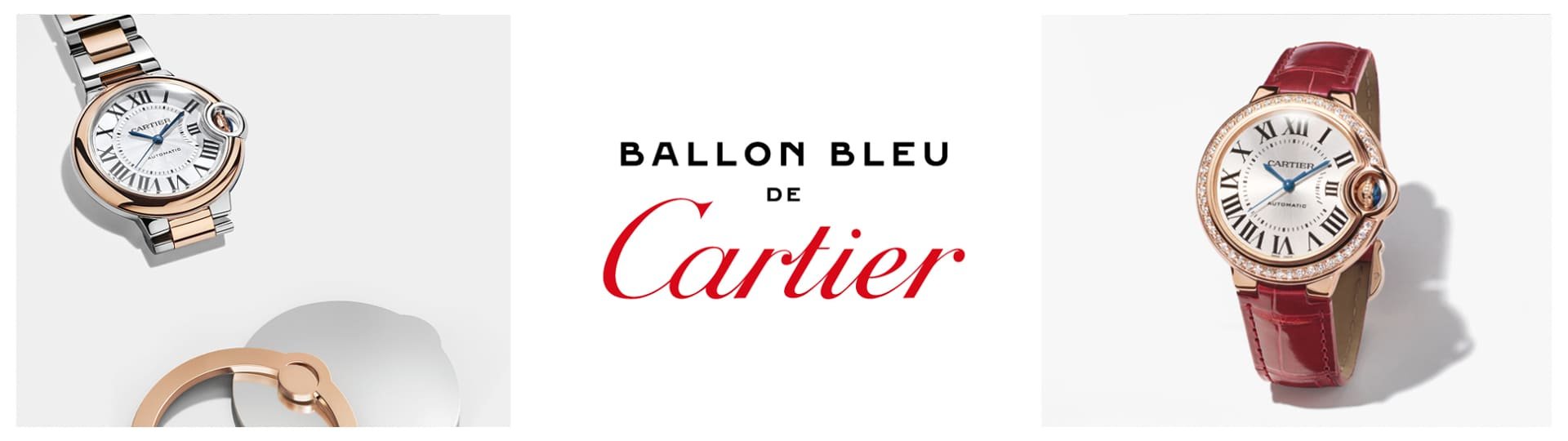 Links Ballon Bleu de Cartier Uhr in Stahl und Rosegold, mittig Ballon Bleu de Cartier Logo, rechts Ballon Bleu de Cartier in Rosegold mit Diamantluenette und rotem Lederarmband