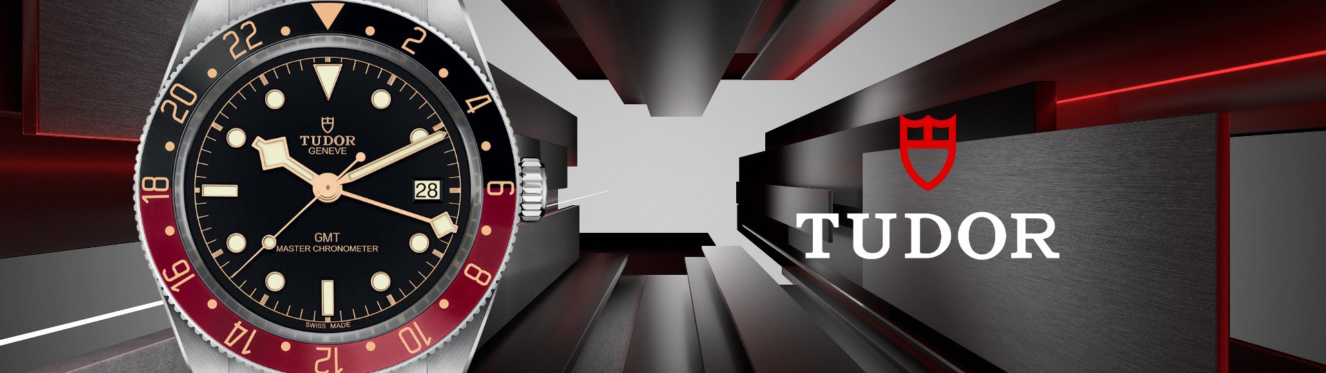 TUDOR Black Bay GMT Uhr in Stahl mit zweifarbiger Luenette in schwarz und rot und schwarzem Zifferblatt vor Lifestylehintergrund