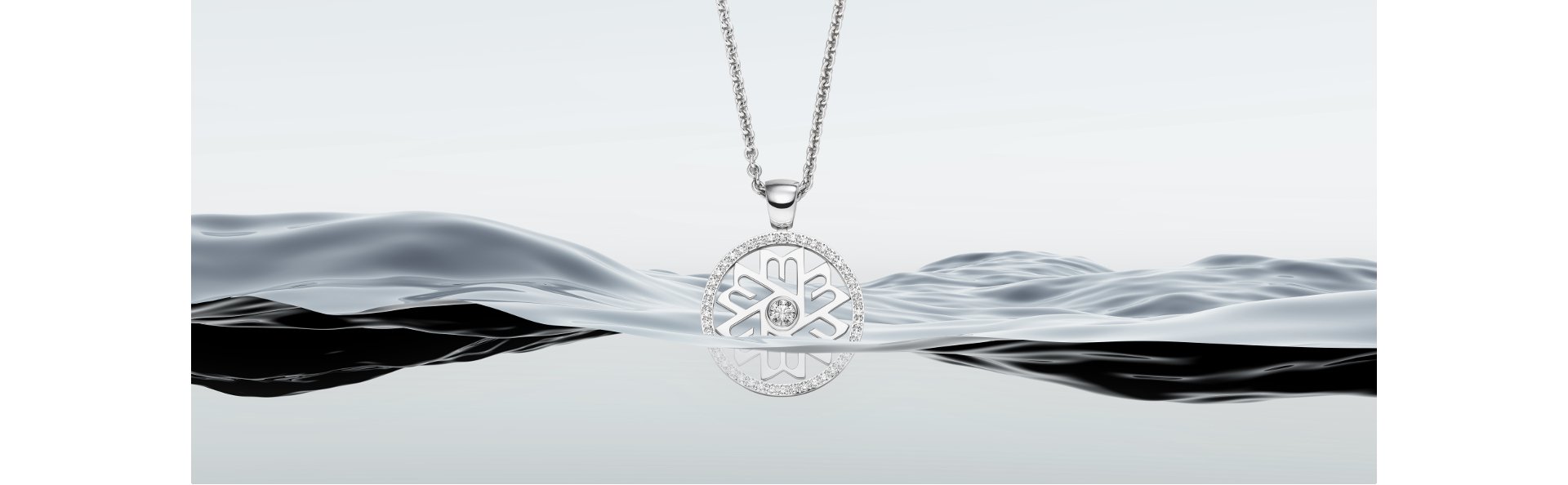 Danuvina Mill River Anhaenger in Weissgold mit Diamanten über sanften Wasserwellen