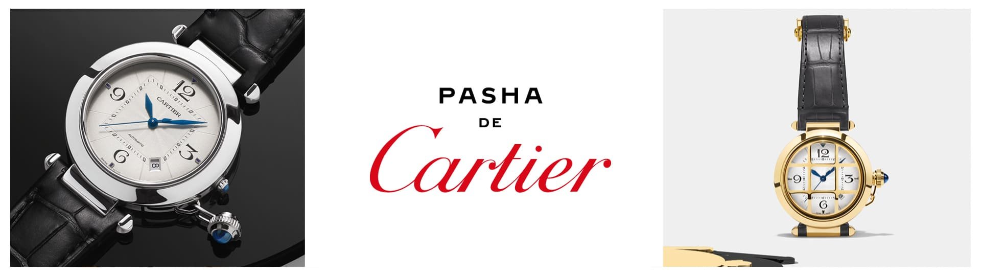 Links Pasha de Cartier Uhr in Stahl mit schwarzem Lederarmband, mittig Pasha de Cartier Logo, rechts Pasha de Cartier Uhr in Gelbgold mit schwarzem Lederarmband