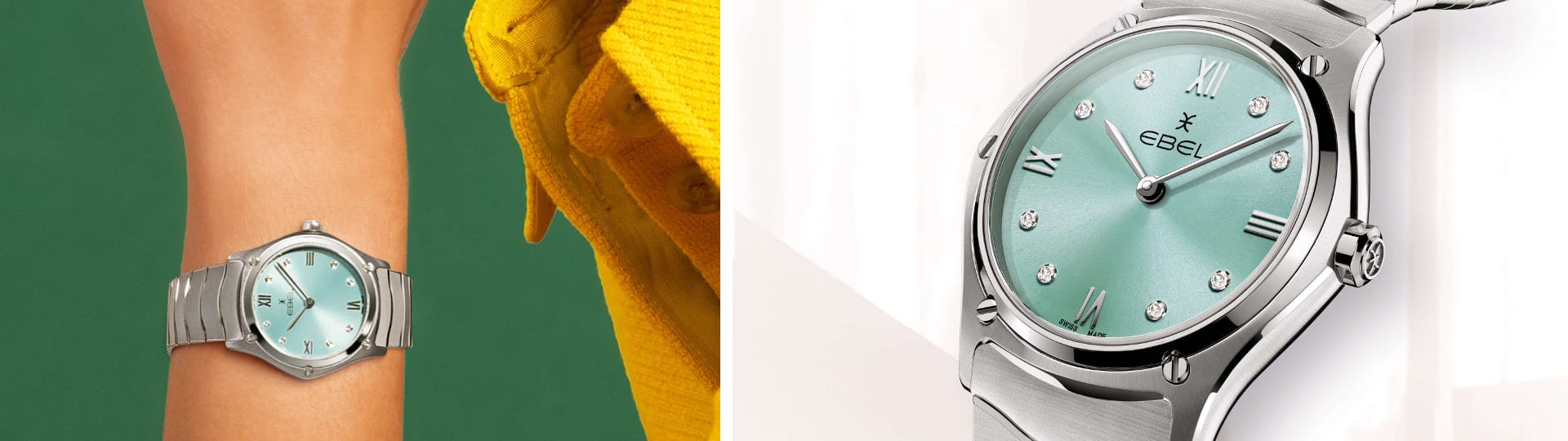 Ebel-Uhr mit silbernem Gehäuse und Armband, mintgrünem Zifferblatt, römischen Ziffern und Diamantindizes, präsentiert an einem Handgelenk und als Nahaufnahme