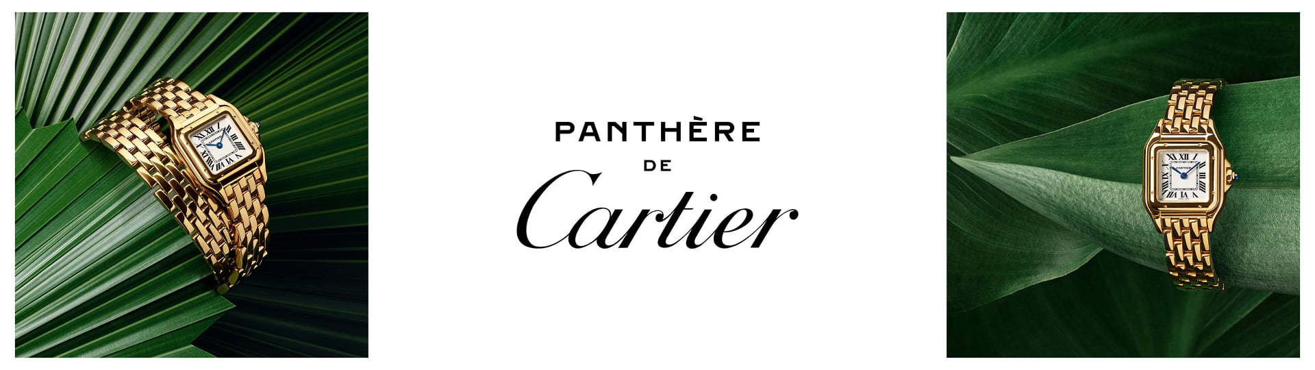 Links Panthere de Cartier Damenuhr in Gelbgold mit zweireihigem Armband und weissem Zifferblatt, mittig Panthere de Cartier Logo, rechts Pantere de Cartier in Gelbgold mit weissem Zifferblatt