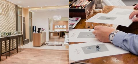 Links Blick in den Eingangsbereich von Juwelier Muehlbacher, rechts Designentwuerfe aus dem Muehlbacher Meisteratelier Links Blick in den Eingangsbereich von Juwelier Muehlbacher, rechts Designentwuerfe aus dem Muehlbacher Meisteratelier