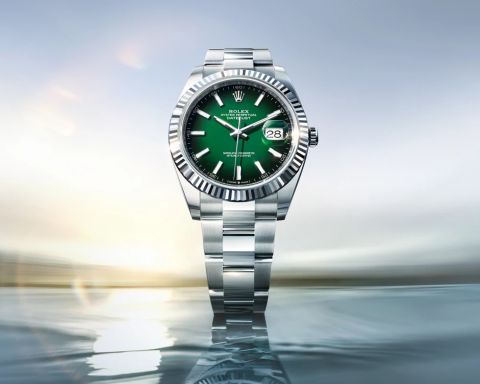 Rolex Datejust 41 mit grünem Zifferblatt und Oyster-Band aus Edelstahl vor reflektierender Wasseroberfläche