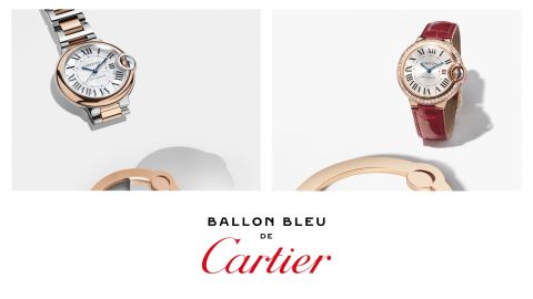 Links Ballon Bleu de Cartier Uhr in Stahl und Rosegold mit weissem Zifferblatt, rechts Ballon Bleu de Cartier in Rosegold mit Diamantluenette und rotem Lederarmband