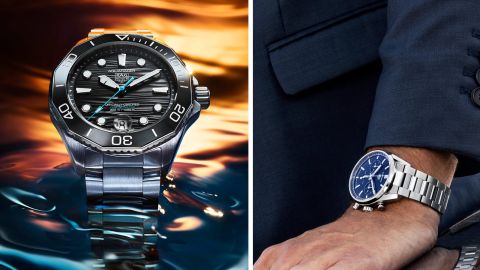 Links Aquaracer Uhr in Stahl mit schwarzem Zifferblatt im Wasser stehend, rechts Carrera Chronograph in Stahl mit blauem Zifferblatt an Herrenhandgelenk