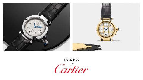 Links Pasha de Cartier Uhr in Stahl mit schwarzem Lederarmband, rechts Pasha de Cartier Uhr in Gelbgold mit schwarzem Lederarmband