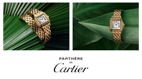 Links Panthere de Cartier Damenuhr in Gelbgold mit zweireihigem Armband und weissem Zifferblatt, rechts Pantere de Cartier Uhr in Gelbgold mit weissem Zifferblatt, beides an gruenen Blaettern