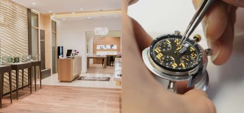 Links Blick in den Eingangsbereich von Juwelier Muehlbacher, rechts Uhrmacher beim Zeigereinbau Links Blick in den Eingangsbereich von Juwelier Muehlbacher, rechts Uhrmacher beim Zeigereinbau